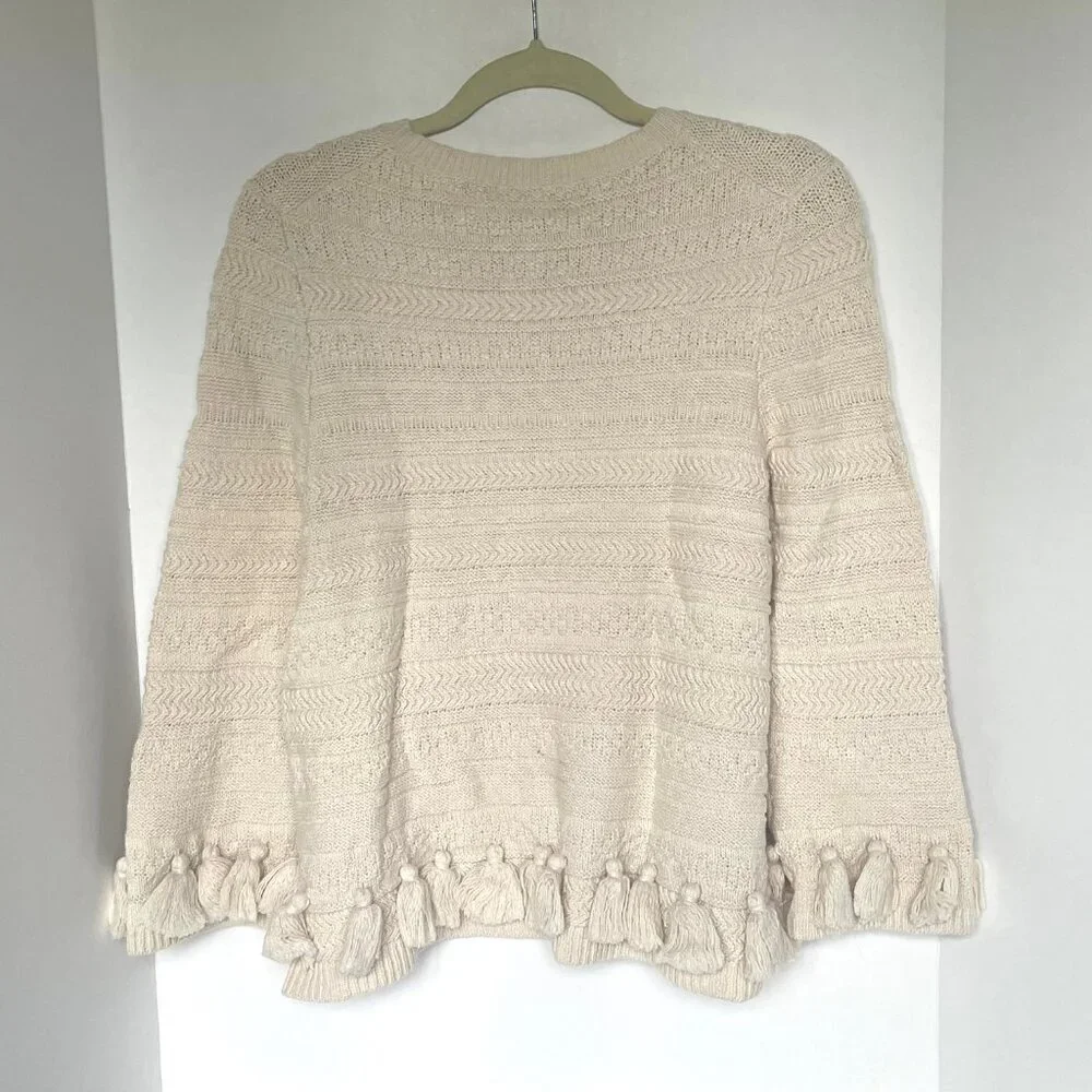 Kate Spade Womens Medium Beige Cotton Chunky Knit Sweater Pompom Hem Crewneck